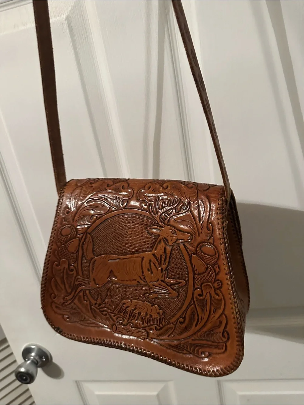 Vintage Hand-Tooled Brown Leather Crossbody Bag